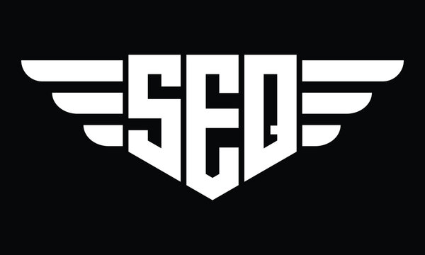 SEQ three letter logo, creative wings shape logo design vector template. letter mark, wordmark, monogram symbol on black & white.	