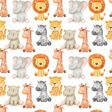 Fototapeta Dziecięca - Seamless pattern with cute sitting giraffe, cheetah and elephant on white. Endless watercolor pattern for textiles or fabric for newborns. Cartoon happy baby jungle animals