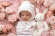 © Attasit - Newborn Baby sleeping over Fluffy pink Blanket. Adorable Child in Pink Bodysuit dreaming over rose pink Furry Carpet. Cute Newborn Kid in rabbit doll suit relax