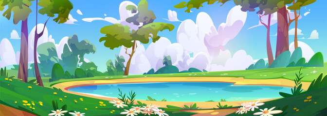 Wall Mural - Cartoon summer landscape with lake on sunny day. Blue water in pond with shore covered with green grass and flowers, bushes and trees, sky with white cloud. Vector illustration of natural scenery
