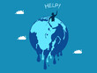 Global warming. men on a melting planet are asking for help. vector illustration