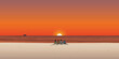 Group of friends sitting together on the beach at sunset with fishing boat followed by seagulls on the horizon vector illustration. Friendship's travelling concept flat design have blank space.
