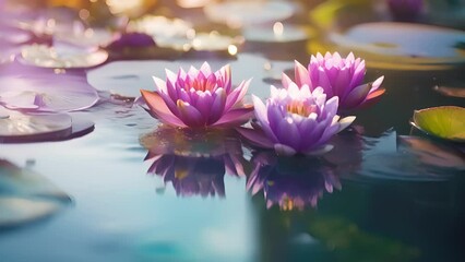 closeup of a small pond, adorned with vibrant water lilies and other aquatic plants, adding a touch 