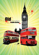 Poster  with two old London red double Decker buses. Vector illustration