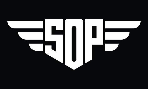 SOP three letter logo, creative wings shape logo design vector template. letter mark, wordmark, monogram symbol on black & white.	