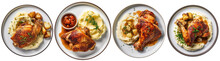 Top View Of Plates With Roast Chicken And Mashed Potatoes