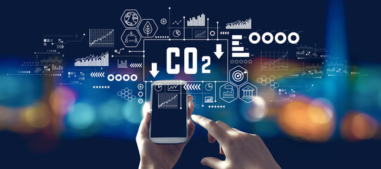 Poster - Reduce CO2 theme with person using a smartphone in a city at night