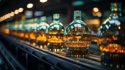 Wall Mural - professional photograph of beer bottles on a long conveyor belt,