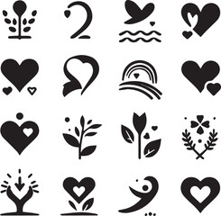 Wall Mural - Black silhouette heart flat icon set isolated on white for Health care, wedding, Valentine day card.