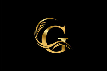 gold letter g logo design with beautiful leaf, flower and feather ornaments. initial letter g. monog