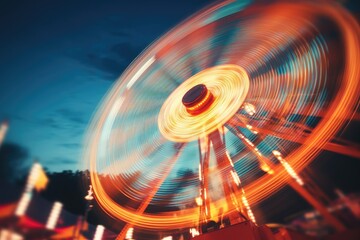 Sticker - Ferris wheel at amusement park in motion blur, toned image, Abstract blur image of an illuminated Ferris wheel in an amusement park, AI Generated