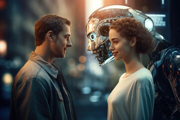 Beautiful couple of robots. Side view of young man and woman looking at each other while standing in the night city, AI in the future coexisting happily with humans, AI Generated