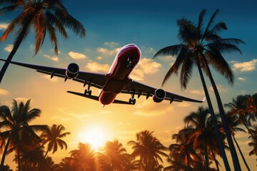 Poster - Airplane flying over palm trees at sunset. Travel and vacation concept, Airplane flying above palm trees in a clear sunset sky with sun rays, AI Generated