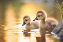Goslings Bathed In Golden Hour Light By Water