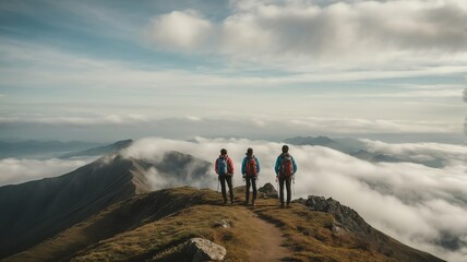 Wall Mural - Portrait of young diverse hikers at the top of the mountain background overlooking the clouds and sea from Generative AI