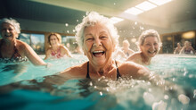 A Group Of Happy Senior Citizen Swimming Joyfully And Looking At Camera