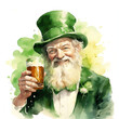 Watercolor Saint Patricks day leprechaun in green suit and cylinder with glass of beer on the white background