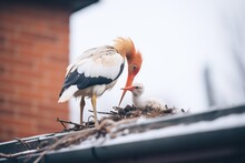 Close-up Of Stork Feeding Chicks On Chimney Nest