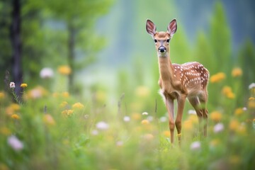 Wall Mural - fawn standing in a wildflower patch