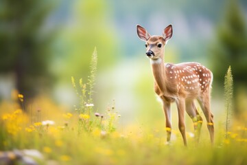 Wall Mural - fawn standing in a wildflower patch