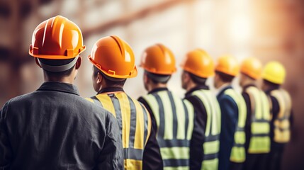 Poster - engineer team holding hard hat standing in row ready for work.worker diversity group wearing vest. i