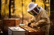 beekeeper in protective suit holding bees in beeary, Apiarist working with your bees to achieve sweet honey, AI Generated