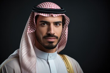 Wall Mural - portrait of handsome arab man, Arab Middle Eastern Saudi man in traditional formal thobe and Shemagh, AI Generated