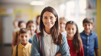 Poster - Portrait of smiling teacher in a class at elementary school looking at camera with learning students on background. Copy space for text.
