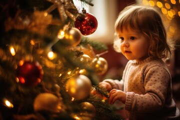 Wall Mural - Adorable little girl decorating Christmas tree at home. Happy family, Baby in front of Christmas Tree, AI Generated