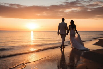 Poster - Wedding couple walking on the beach at sunset. Bride and groom, Beach Wedding with Beautiful Bride and Groom Walking Down the Coastline on the Perfect Sunset, AI Generated