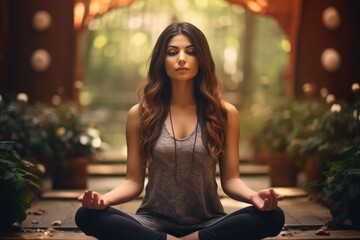 Sticker - Young woman meditating in lotus pose on wooden floor in garden, Beatiful woman doing yoga in a peaceful environment, AI Generated