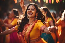 Beautiful Indian Girl In Sari Dancing At The Street, Beautiful Indian Women Wearing Vivid Colorful Clothes Singing And Dancing During The Teej Festival, AI Generated