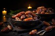 Medjool dates in bowl on black background. Selective focus, Big luxury dried date fruit in bowls on the dark surface, AI Generated