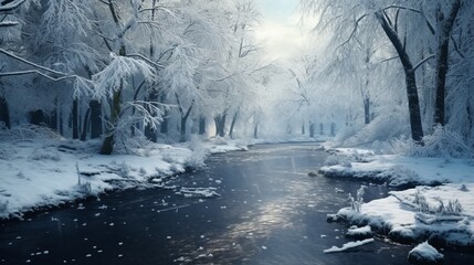 Wall Mural - winter river in snowfall .