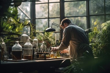 Poster - experiments in the laboratory. young man working in the laboratory, biologist working in a professio
