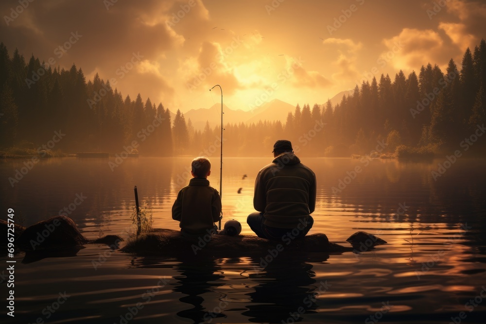 Silhouette of father and son fishing on a lake at sunset, Boy, father ...