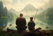 Fisherman And His Grandson Fishing On A Lake In The Mountains, Boy, Father And Grandfather Fishing In Lake, AI Generated