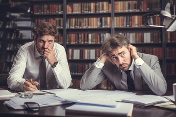 Poster - Two young businessmen working in the library. Business concept. Toned, Business man brainstorming with his colleague in an office, AI Generated