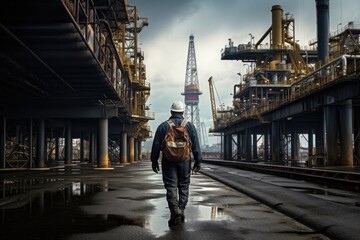 Aufkleber - businessman in suit and hat walking on platform, An offshore oil rig worker walks to an oil and gas facility to work in the process area, AI Generated