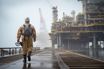 Aufkleber - oil worker on the platform in the industrial port, An offshore oil rig worker walks to an oil and gas facility to work in the process area, AI Generated