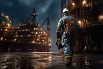 Aufkleber - oil worker in the factory, An offshore oil rig worker walks to an oil and gas facility to work in the process area, AI Generated