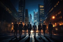 Silhouettes Of Business People Walking In The City At Night, A Group Of Businesspeople Walking Down A City Street At Night, AI Generated