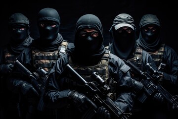 Wall Mural - Special forces soldiers in black uniforms and helmets with assault rifles on black background, Armed special forces group with shotguns on a black background, face covered with masks, AI Generated