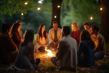 Sticker - Group of friends sitting around a bonfire in the forest at night, A group of believers engaged in a circle of prayer with soft, serene bokeh, AI Generated