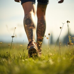 Canvas Print - A person walking through a field with tattoos on their legs. Generative AI.