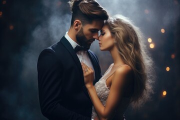 Wall Mural - Beautiful young couple in love kissing on the background of smoky interior, Beautiful couple, woman in wedding dress, man in suit, kissing, AI Generated