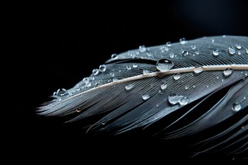 Canvas Print - Beautiful color feather with water drops on it isolated on black background, Beautiful feather with water drops on a black background, close-up, AI Generated