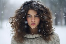 Winter Portrait Of Young Beautiful Woman With Curly Hair In The Winter Park, Beautiful Woman Posing In The Snow On A Winter Day, AI Generated