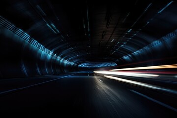 Sticker - Car light trails in a tunnel. Concept of speed and motion, An underground tunnel with moving cars at night, viewed from below, AI Generated