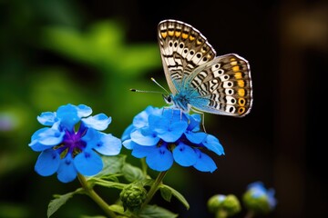 Sticker - Butterfly on blue flower in the garden, nature background, Beautiful butterfly perched on a blue flower, AI Generated